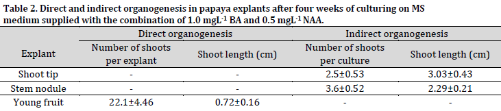 Explant type influences callus induction and shoots organogenesis in papaya under in vitro conditions