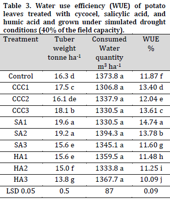 Leaves attributes and water use efficiency of potatoes grown under water stress after cycocel, salicylic acid, and humic acid sprays
